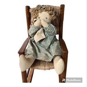 Stuffed Rag Doll with Wooden Wicker Rocking Chair